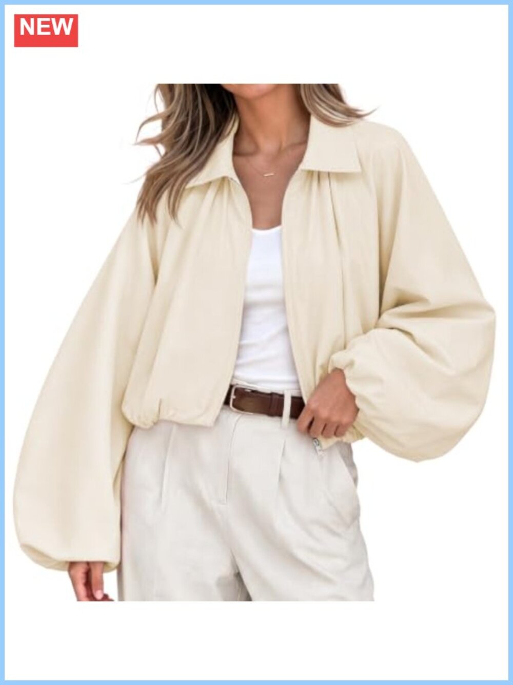 Oversized Puff Sleeve Bomber Jacket Women's Cropped Zip Up Pleated Casual Y2K